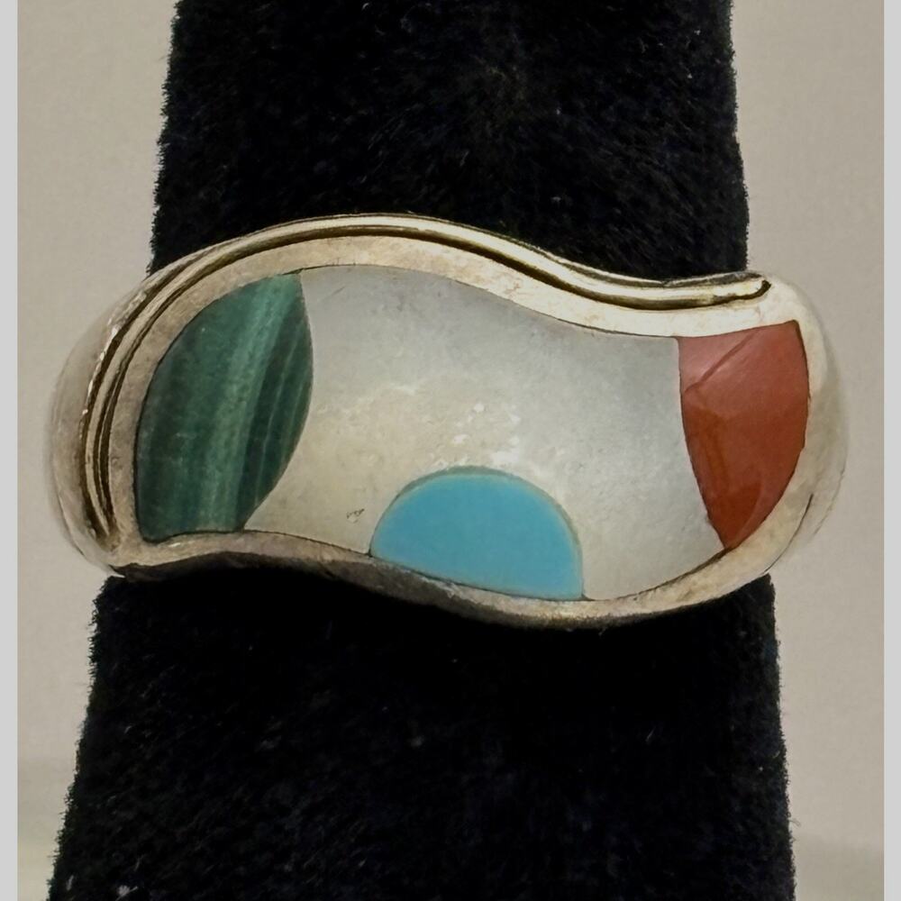 Asch Grossbardt 925/18K MOP/Turquoise/Malachite/Coral Inlay Ring Sz 6